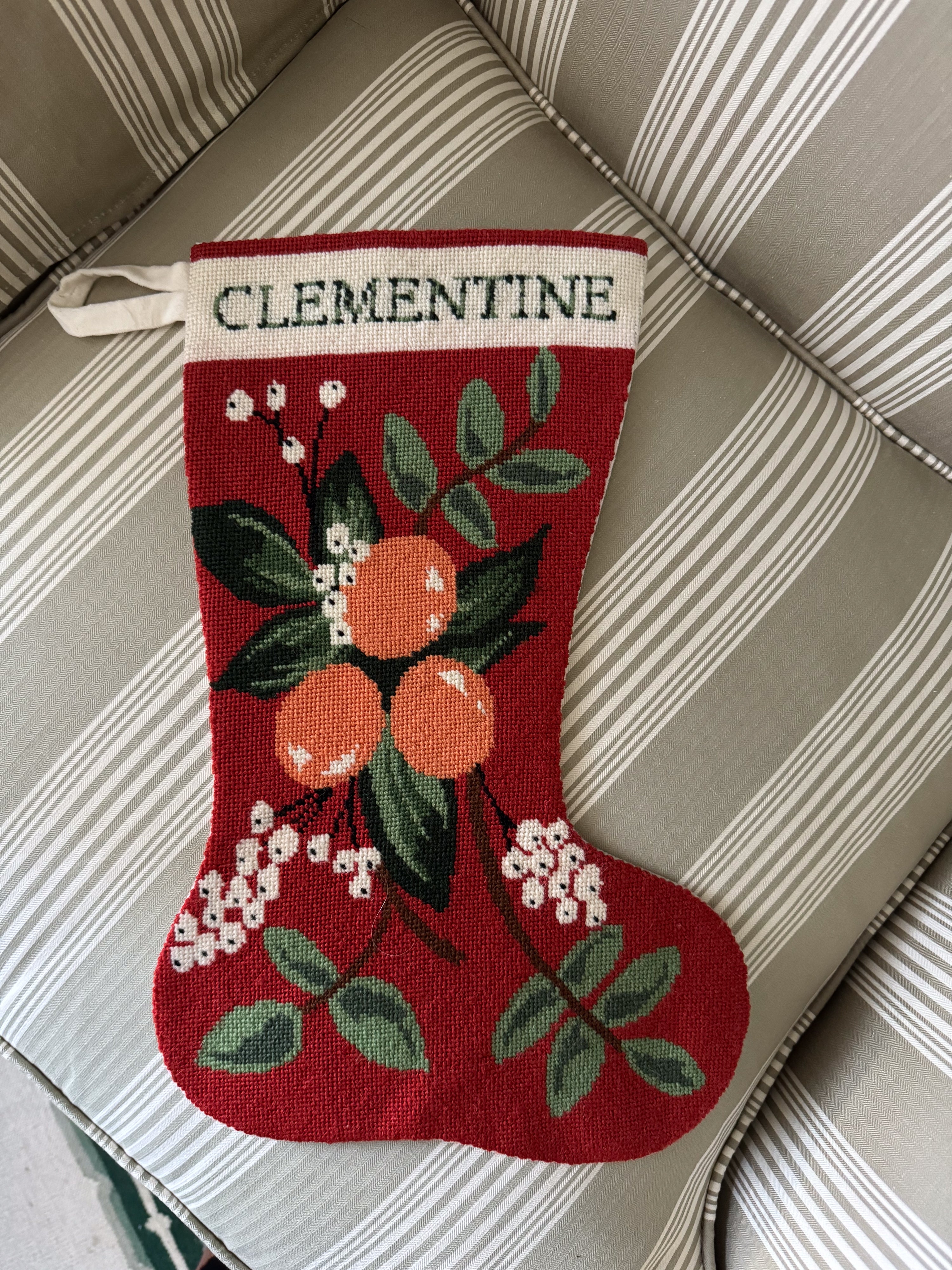 Finished Needlepoint Stocking — Clementine – Spider Spun